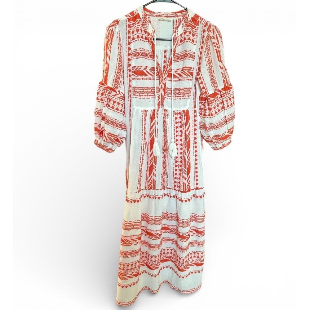Elan Embroidered Boho Midi Dress XS Orange Ivory Cover-Up Tassel Tie Pockets - Picture 3 of 7